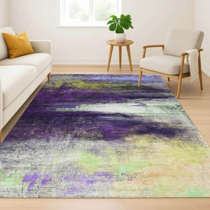 HomeRoots 8' Vibrant Purple and Lime Green Abstract Washable Round Rug - UV Protected & Family-Friendly Design 714700