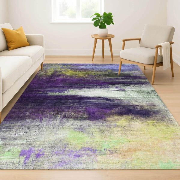 HomeRoots 8' Vibrant Purple and Lime Green Abstract Washable Round Rug - UV Protected & Family-Friendly Design 714700