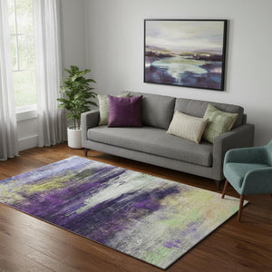 HomeRoots 8' Vibrant Purple and Lime Green Abstract Washable Round Rug - UV Protected & Family-Friendly Design 714700