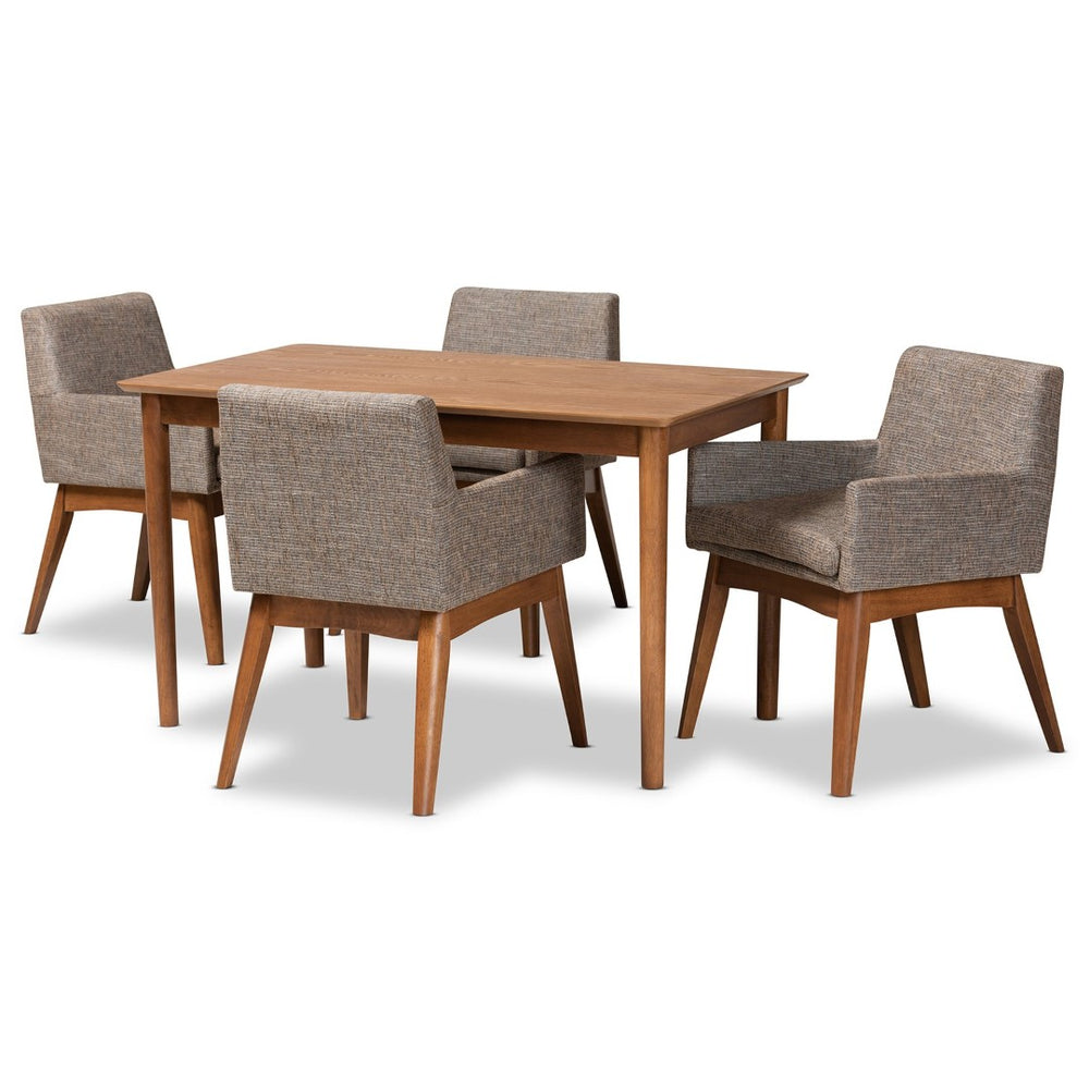 Baxton Studio Baxton Dorina 5-Piece Mid-Century Dining Set with Walnut Finish & Gravel Upholstered Chairs BBT5281-Gravel/Walnut-5PC Dining Set