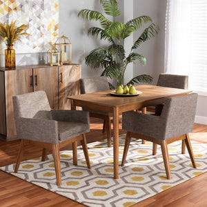 Baxton Studio Baxton Dorina 5-Piece Mid-Century Dining Set with Walnut Finish & Gravel Upholstered Chairs BBT5281-Gravel/Walnut-5PC Dining Set