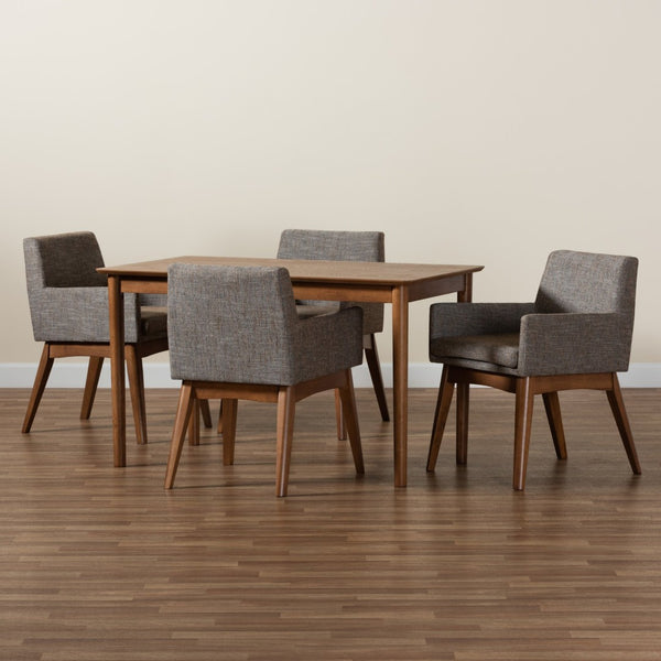 Baxton Studio Baxton Dorina 5-Piece Mid-Century Dining Set with Walnut Finish & Gravel Upholstered Chairs BBT5281-Gravel/Walnut-5PC Dining Set