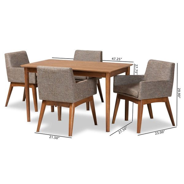 Baxton Studio Baxton Dorina 5-Piece Mid-Century Dining Set with Walnut Finish & Gravel Upholstered Chairs BBT5281-Gravel/Walnut-5PC Dining Set