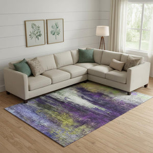 HomeRoots 9' Modern Purple and Lime Green Abstract Washable Area Rug with UV Protection for High-Traffic Spaces 714702