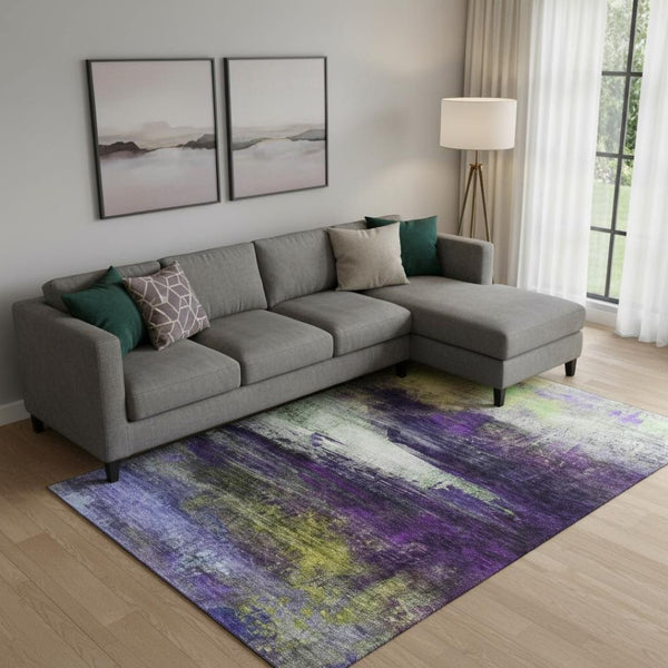 HomeRoots 10' X 14' Vibrant Purple & Lime Abstract Washable Area Rug with UV Protection for Busy Homes 714703
