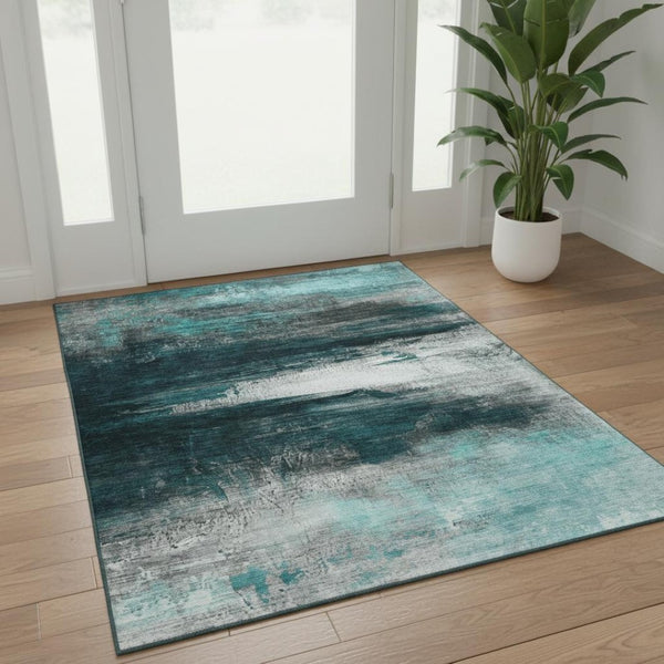 HomeRoots 5' X 8' Teal and Gray Abstract Area Rug – Washable, UV-Protected, Perfect for High-Traffic Spaces! 714705