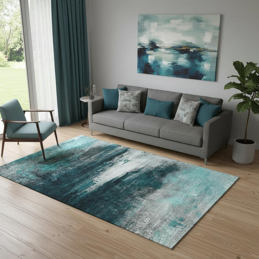 HomeRoots 8' Teal and Gray Abstract Washable Round Rug - UV Protected, Stain Resistant, Non-Slip Design 714706