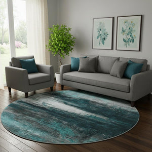 HomeRoots 8' X 10' Teal and Gray Abstract Washable Area Rug with UV Protection for Homes with Kids & Pets 714707