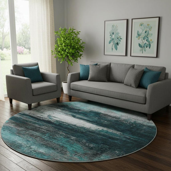 HomeRoots 8' X 10' Teal and Gray Abstract Washable Area Rug with UV Protection for Homes with Kids & Pets 714707