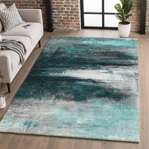 HomeRoots 9' X 12' Teal And Gray Abstract Machine Washable Area Rug with UV Protection for Modern Homes 714708