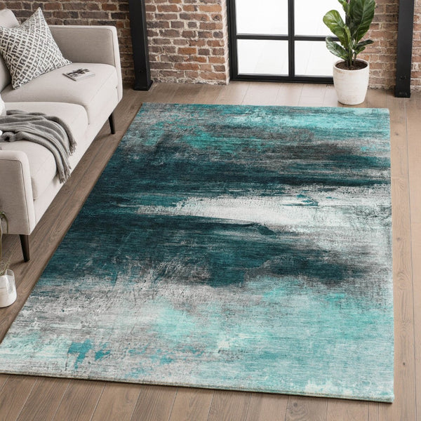 HomeRoots 9' X 12' Teal And Gray Abstract Machine Washable Area Rug with UV Protection for Modern Homes 714708