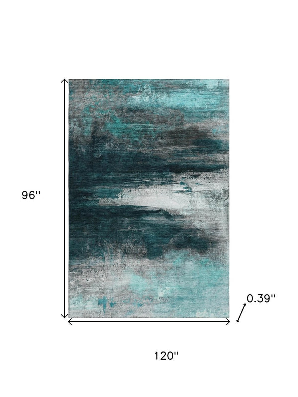 HomeRoots 9' X 12' Teal And Gray Abstract Machine Washable Area Rug with UV Protection for Modern Homes 714708