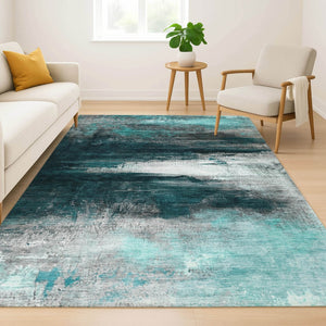 HomeRoots 9' X 12' Teal And Gray Abstract Machine Washable Area Rug with UV Protection for Modern Homes 714708