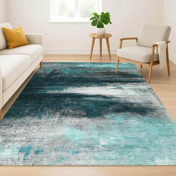 HomeRoots 9' X 12' Teal And Gray Abstract Machine Washable Area Rug with UV Protection for Modern Homes 714708