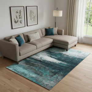 HomeRoots 9' X 12' Teal And Gray Abstract Machine Washable Area Rug with UV Protection for Modern Homes 714708