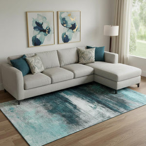 HomeRoots 10' X 14' Teal and Gray Abstract Area Rug - Washable, UV-Protected, Modern Design for Any Space 714709
