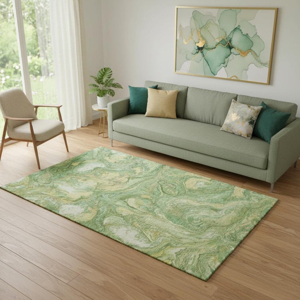 HomeRoots 8' Green and Gold Abstract Round Rug - Stylish, Washable, UV Protected, Perfect for High-Traffic Areas! 714712