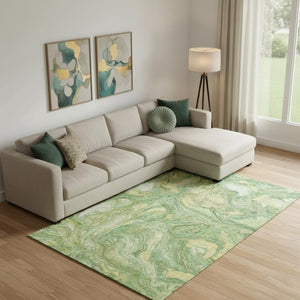 HomeRoots 9' X 12' Green and Gold Contemporary Abstract Washable Area Rug with UV Protection for Homes 714714