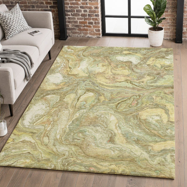 HomeRoots 8' Gold and Beige Abstract Round Rug - Washable, UV Protected, Durable for High-Traffic Homes 714718