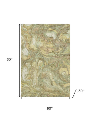 HomeRoots 8' Gold and Beige Abstract Round Rug - Washable, UV Protected, Durable for High-Traffic Homes 714718