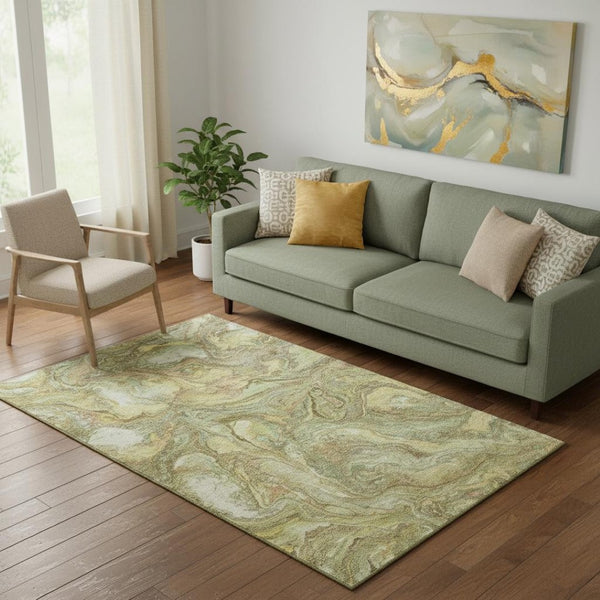 HomeRoots 8' Gold and Beige Abstract Round Rug - Washable, UV Protected, Durable for High-Traffic Homes 714718