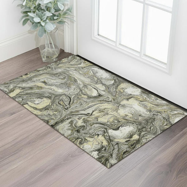 HomeRoots 5' X 8' Contemporary Pewter & Gold Abstract Area Rug - Washable, UV Protected, Pet-Friendly Design 714723