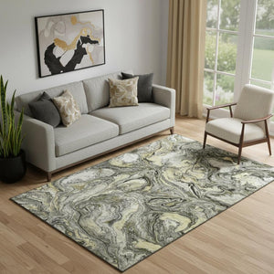 HomeRoots 8' Stylish Pewter & Gold Abstract Washable Round Rug with UV Protection for High-Traffic Areas 714724