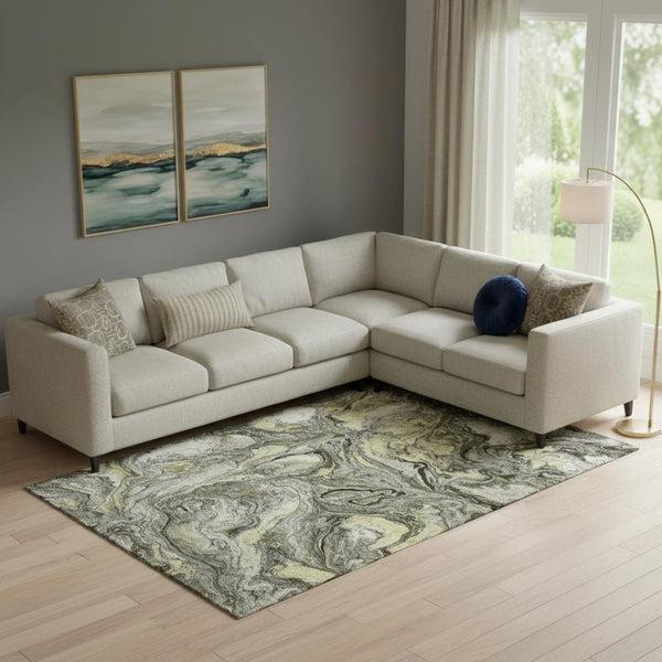 HomeRoots 9' X 12' Elegant Pewter and Gold Abstract Washable Area Rug with UV Protection for High-Traffic Areas 714726