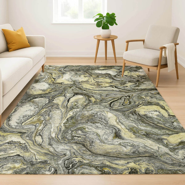 HomeRoots 10' X 14' Stylish Pewter and Gold Abstract Washable Area Rug with UV Protection for High-Traffic Spaces 714727