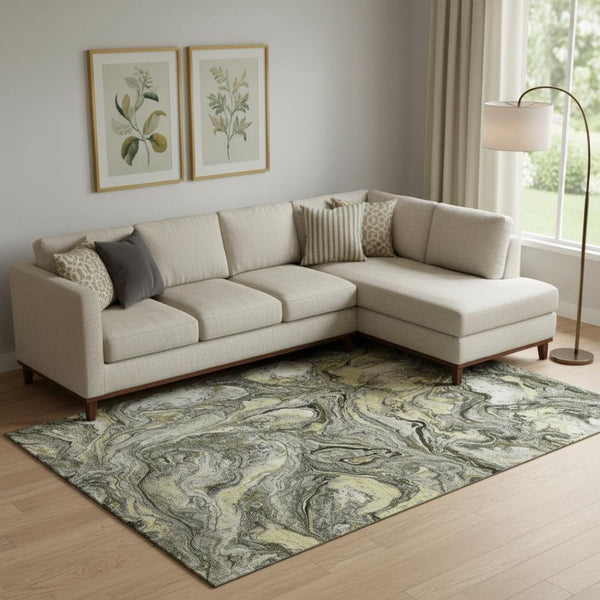 HomeRoots 10' X 14' Stylish Pewter and Gold Abstract Washable Area Rug with UV Protection for High-Traffic Spaces 714727