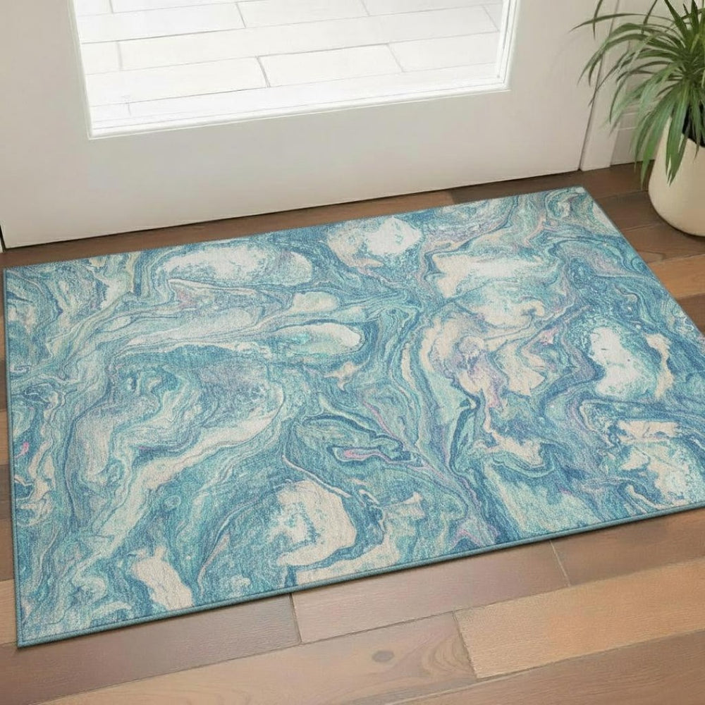 HomeRoots 5' X 8' Stylish Teal and Ivory Abstract Washable Area Rug with UV Protection for High-Traffic Spaces 714729