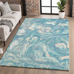 HomeRoots 8' Teal and Ivory Abstract Washable Round Rug with UV Protection for Modern Homes and Easy Care 714730