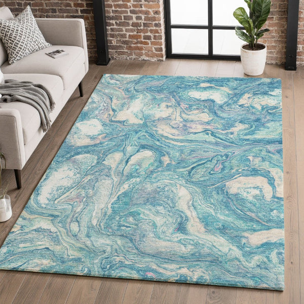 HomeRoots 8' Teal and Ivory Abstract Washable Round Rug with UV Protection for Modern Homes and Easy Care 714730