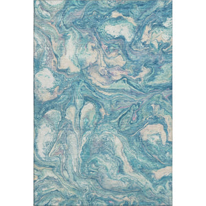 HomeRoots 8' Teal and Ivory Abstract Washable Round Rug with UV Protection for Modern Homes and Easy Care 714730