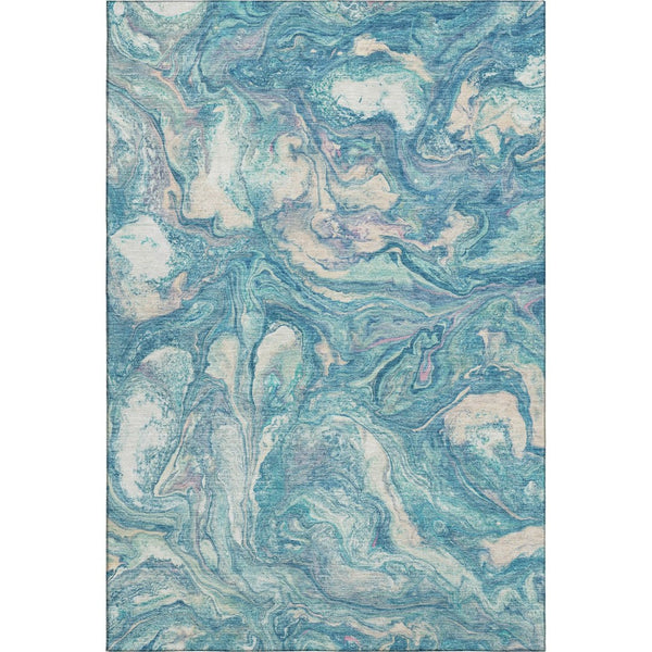 HomeRoots 8' Teal and Ivory Abstract Washable Round Rug with UV Protection for Modern Homes and Easy Care 714730