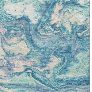 HomeRoots 8' Teal and Ivory Abstract Washable Round Rug with UV Protection for Modern Homes and Easy Care 714730
