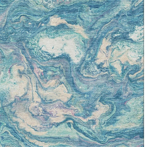 HomeRoots 8' Teal and Ivory Abstract Washable Round Rug with UV Protection for Modern Homes and Easy Care 714730