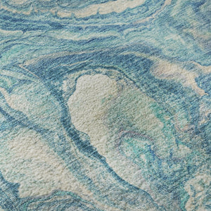 HomeRoots 8' Teal and Ivory Abstract Washable Round Rug with UV Protection for Modern Homes and Easy Care 714730