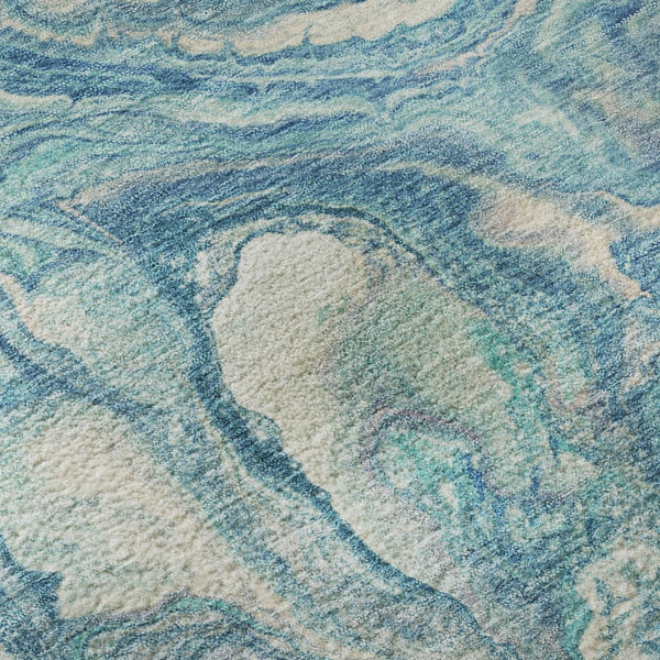 HomeRoots 8' Teal and Ivory Abstract Washable Round Rug with UV Protection for Modern Homes and Easy Care 714730