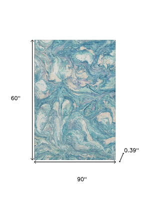 HomeRoots 8' Teal and Ivory Abstract Washable Round Rug with UV Protection for Modern Homes and Easy Care 714730