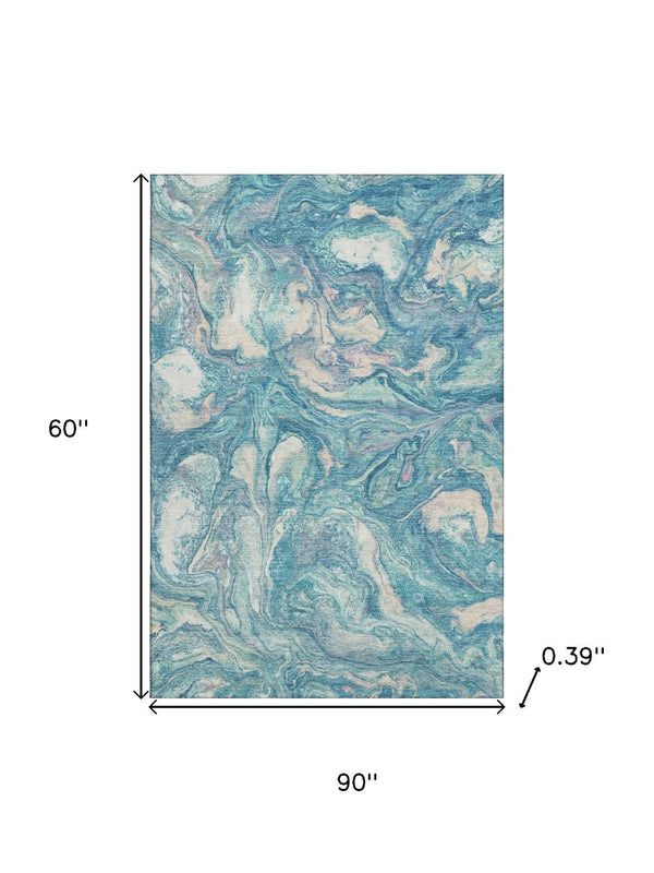 HomeRoots 8' Teal and Ivory Abstract Washable Round Rug with UV Protection for Modern Homes and Easy Care 714730