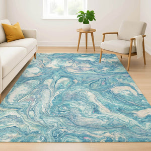 HomeRoots 8' Teal and Ivory Abstract Washable Round Rug with UV Protection for Modern Homes and Easy Care 714730