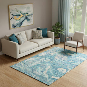 HomeRoots 8' Teal and Ivory Abstract Washable Round Rug with UV Protection for Modern Homes and Easy Care 714730