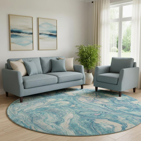 HomeRoots 8' X 10' Teal And Ivory Abstract Washable Area Rug - UV Protected, Durable, Stylish For Busy Homes 714731