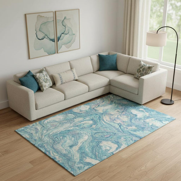 HomeRoots 9' X 12' Teal And Ivory Abstract Washable Area Rug – Durable, Stylish, UV Protected for High-Traffic Spaces 714732