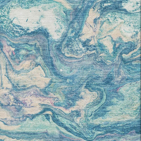 HomeRoots 10' X 14' Teal and Ivory Abstract Area Rug - Machine Washable, UV Protected, Perfect for High Traffic Spaces 714733