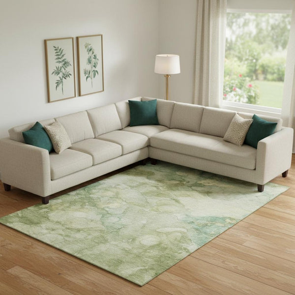 HomeRoots 10' X 14' Sage and Beige Abstract Washable Area Rug with UV Protection for Modern Homes & Patios 714739
