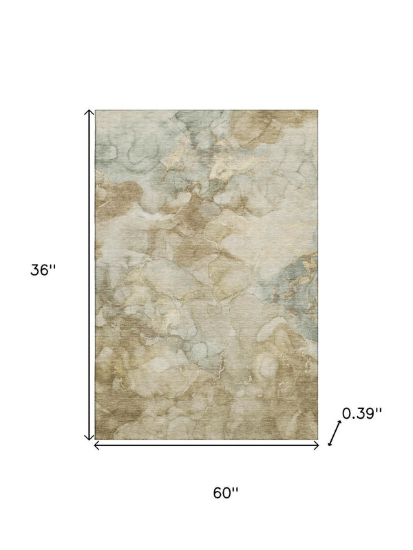 HomeRoots 5' X 8' Beige and Ivory Abstract Area Rug - Washable, UV Protected, Perfect for Busy Homes & Kids 714741