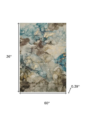HomeRoots 5' X 8' Brown and Teal Abstract Area Rug - Stylish, Washable, Stain Resistant with UV Protection! 714747