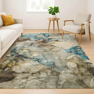 HomeRoots 5' X 8' Brown and Teal Abstract Area Rug - Stylish, Washable, Stain Resistant with UV Protection! 714747